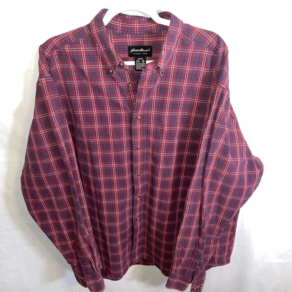Eddie Bauer Thick Work Shirt Mens Size XL Burgundy Striped Long Sleeve Button Up
